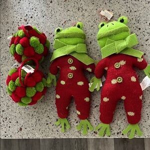 Festive Frog Plush Set with Pom-Pom Balls